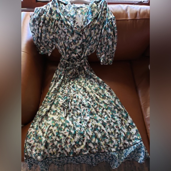 NWT DYVNA belted printed chiffon trimmed hammered silk satin midi length dress - Picture 12 of 15